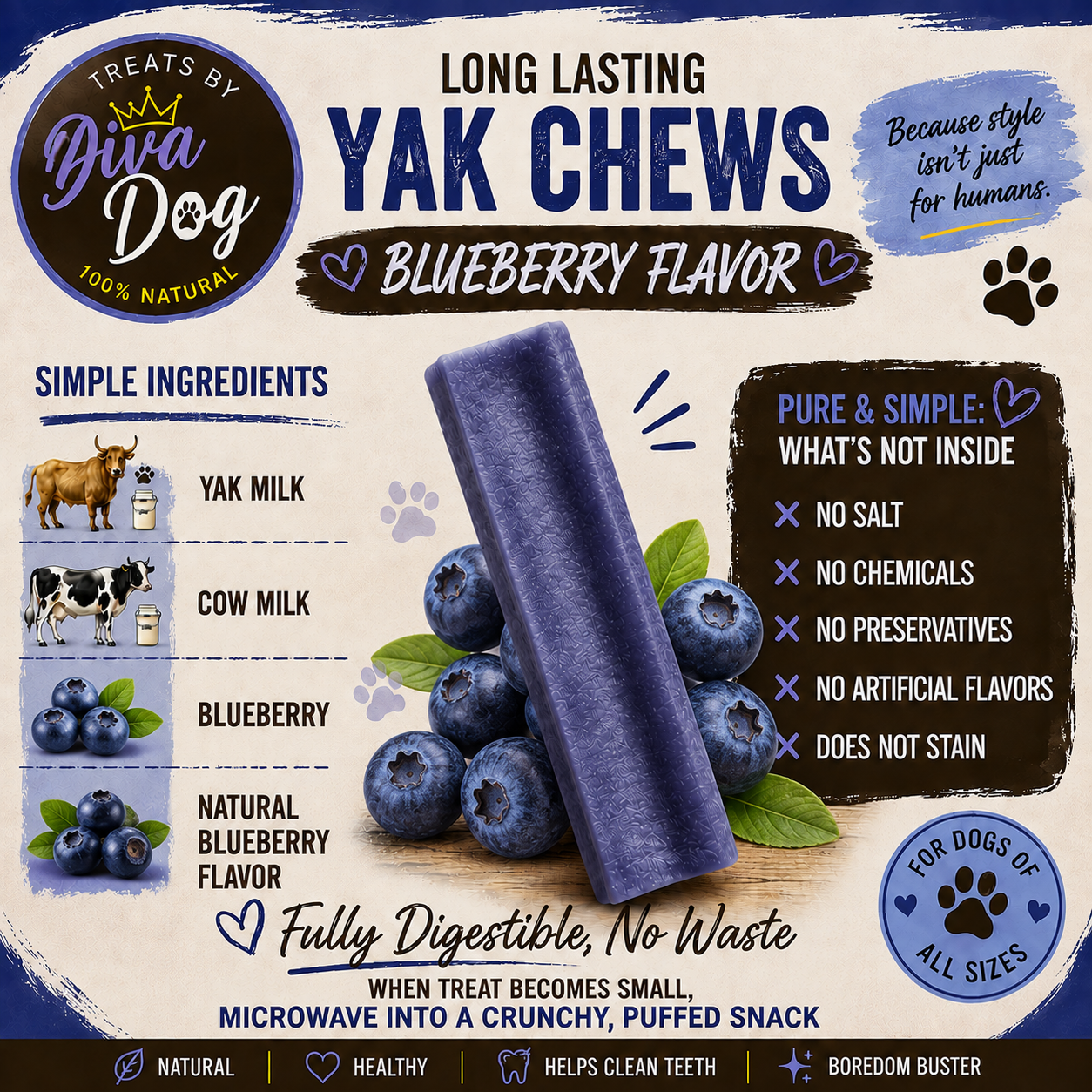 Treats by Diva Dog Yak Cheese Chew Blueberry