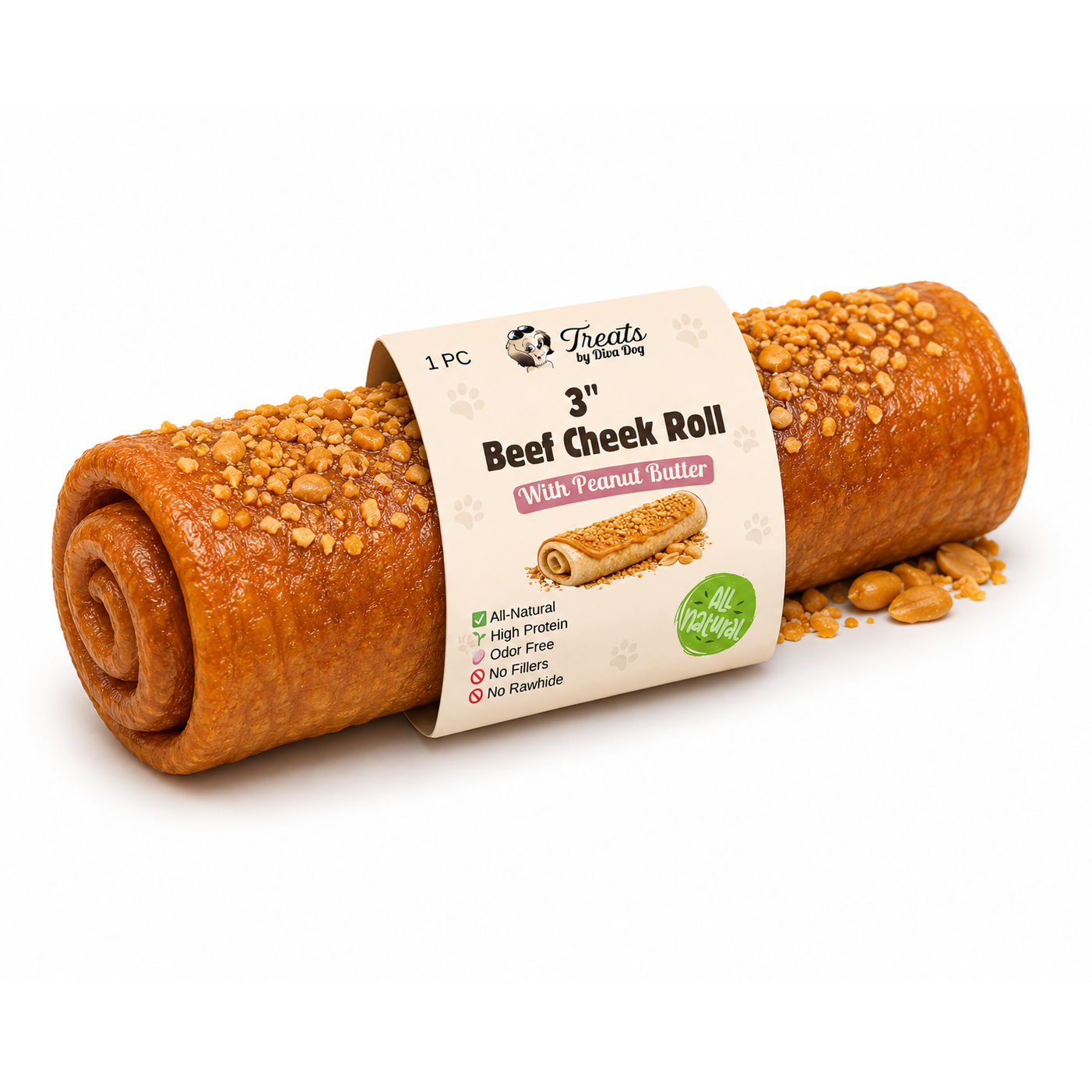 Beef Cheek Roll with Peanut Butter, Long Lasting Natural Dog Chew, Treats by Diva Dog