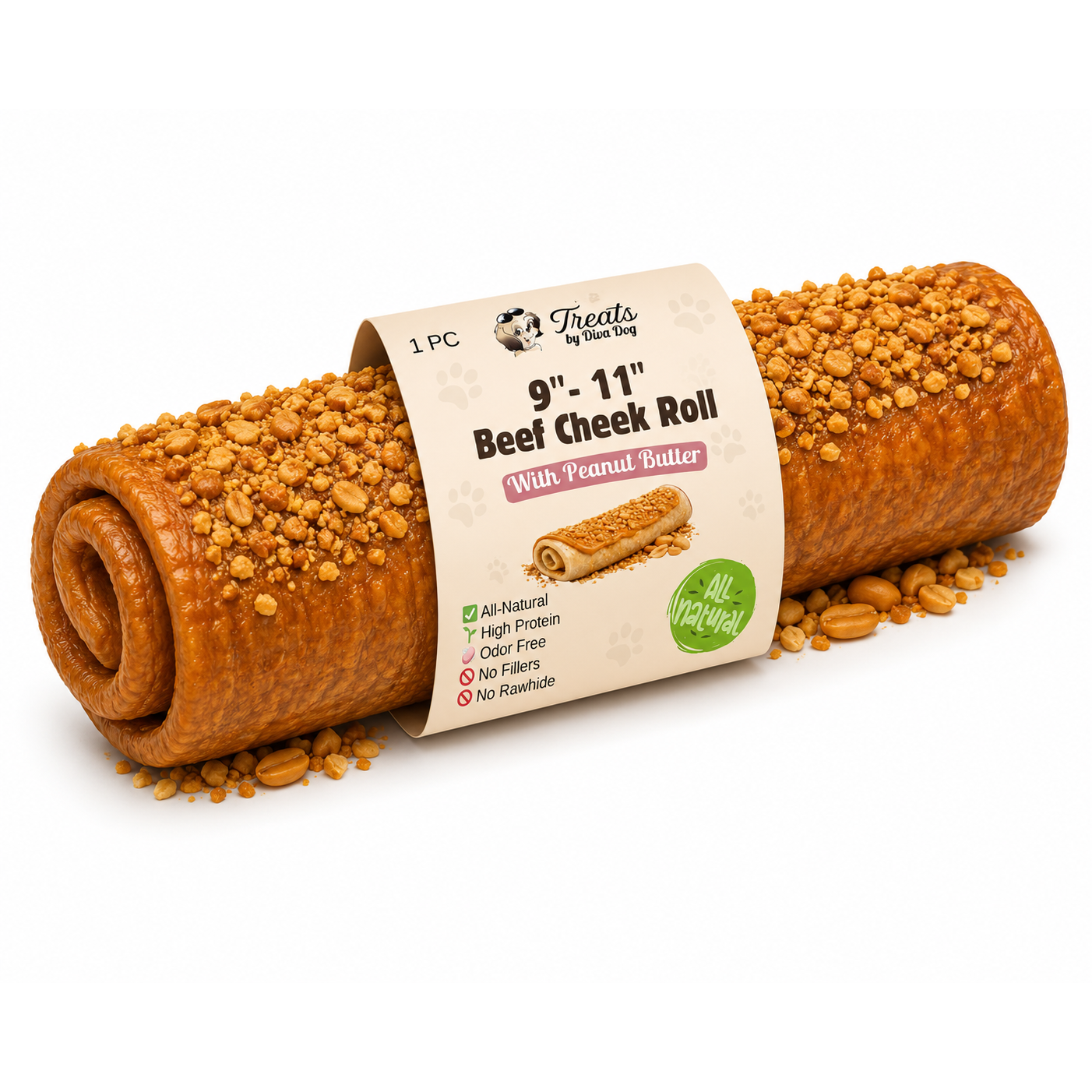 Beef Cheek Roll with Peanut Butter, Long Lasting Natural Dog Chew, Treats by Diva Dog