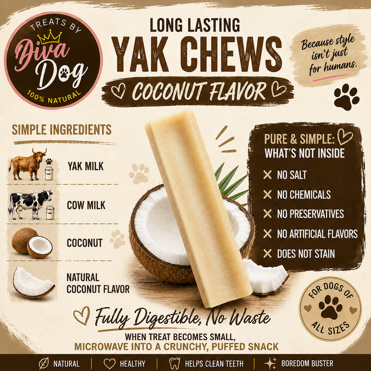 Treats By Diva Dog Coconut Yak Cheese Chew