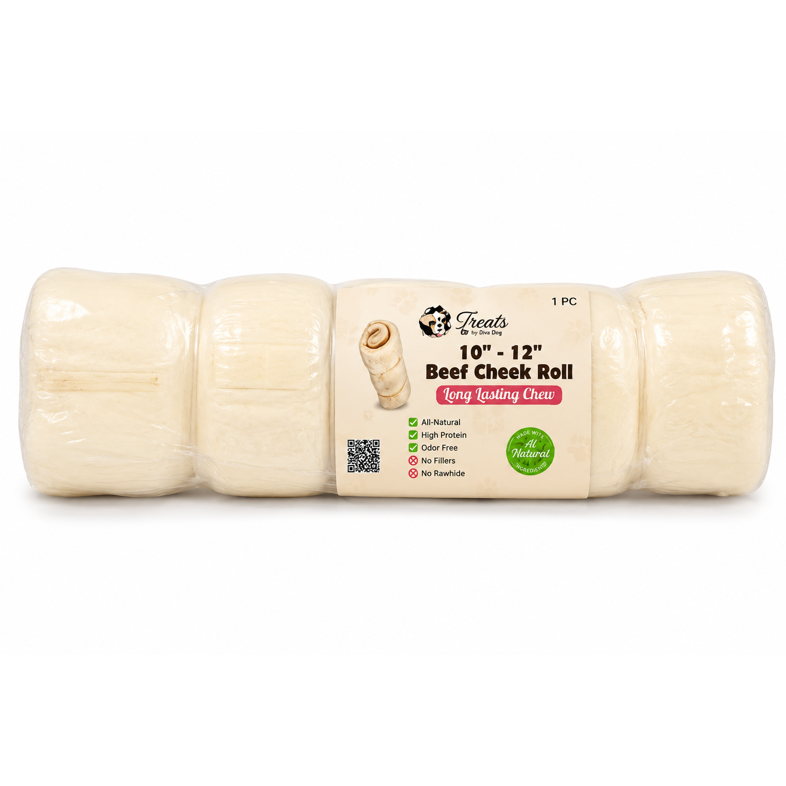 Beef Cheek Roll, Natural Long Lasting Dog Chew Treats by Diva Dog