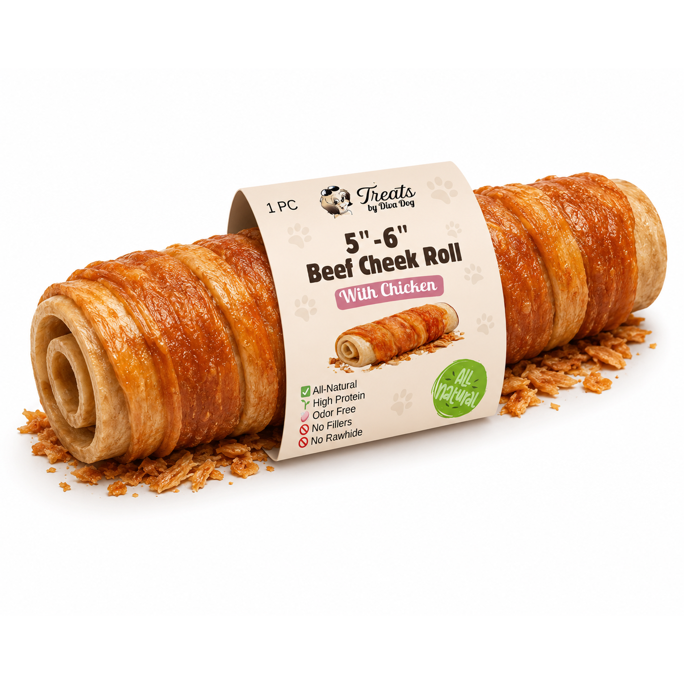 5”-6” Beef Cheek Roll Wrapped with Chicken | Long Lasting Natural Dog Chew | Treats by Diva Dog