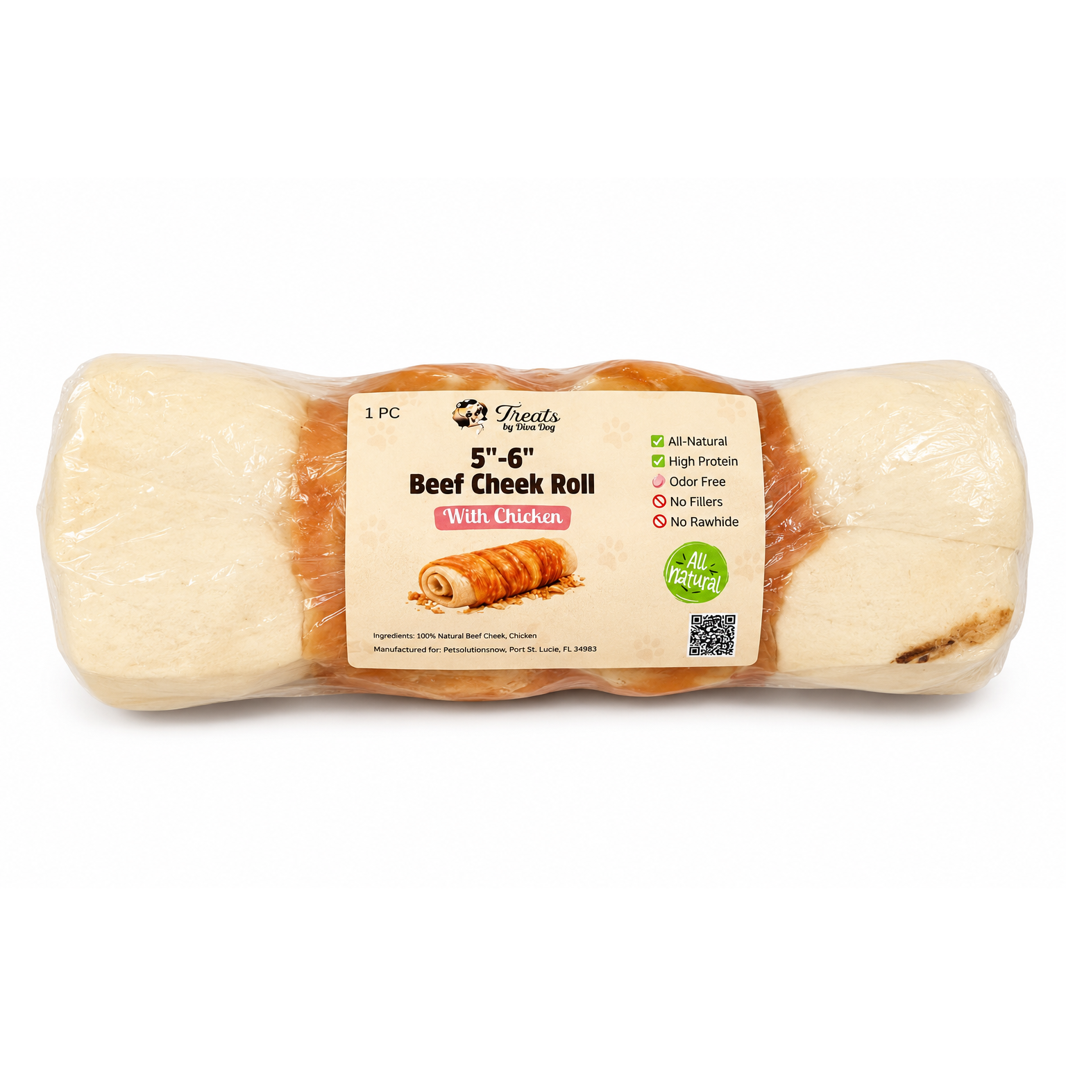 5”-6” Beef Cheek Roll Wrapped with Chicken | Long Lasting Natural Dog Chew | Treats by Diva Dog