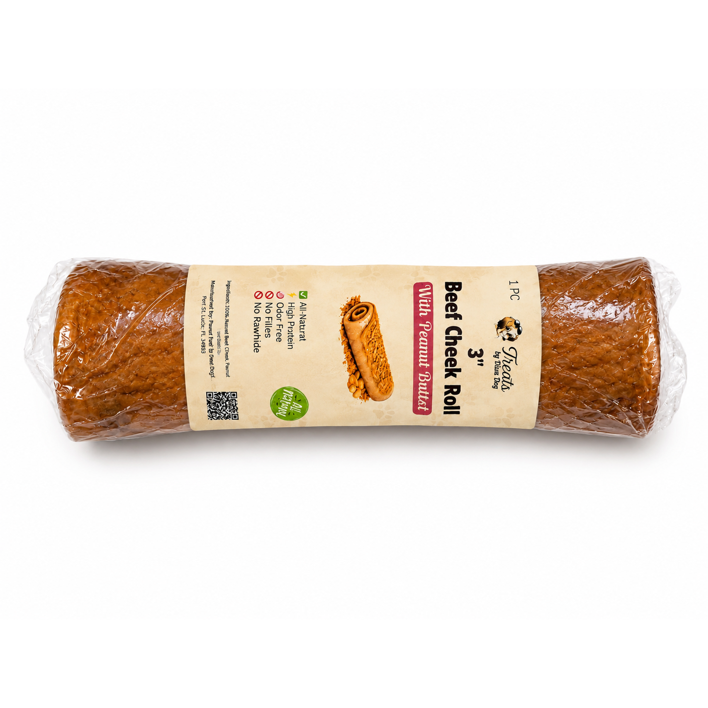 Beef Cheek Roll with Peanut Butter, Long Lasting Natural Dog Chew, Treats by Diva Dog