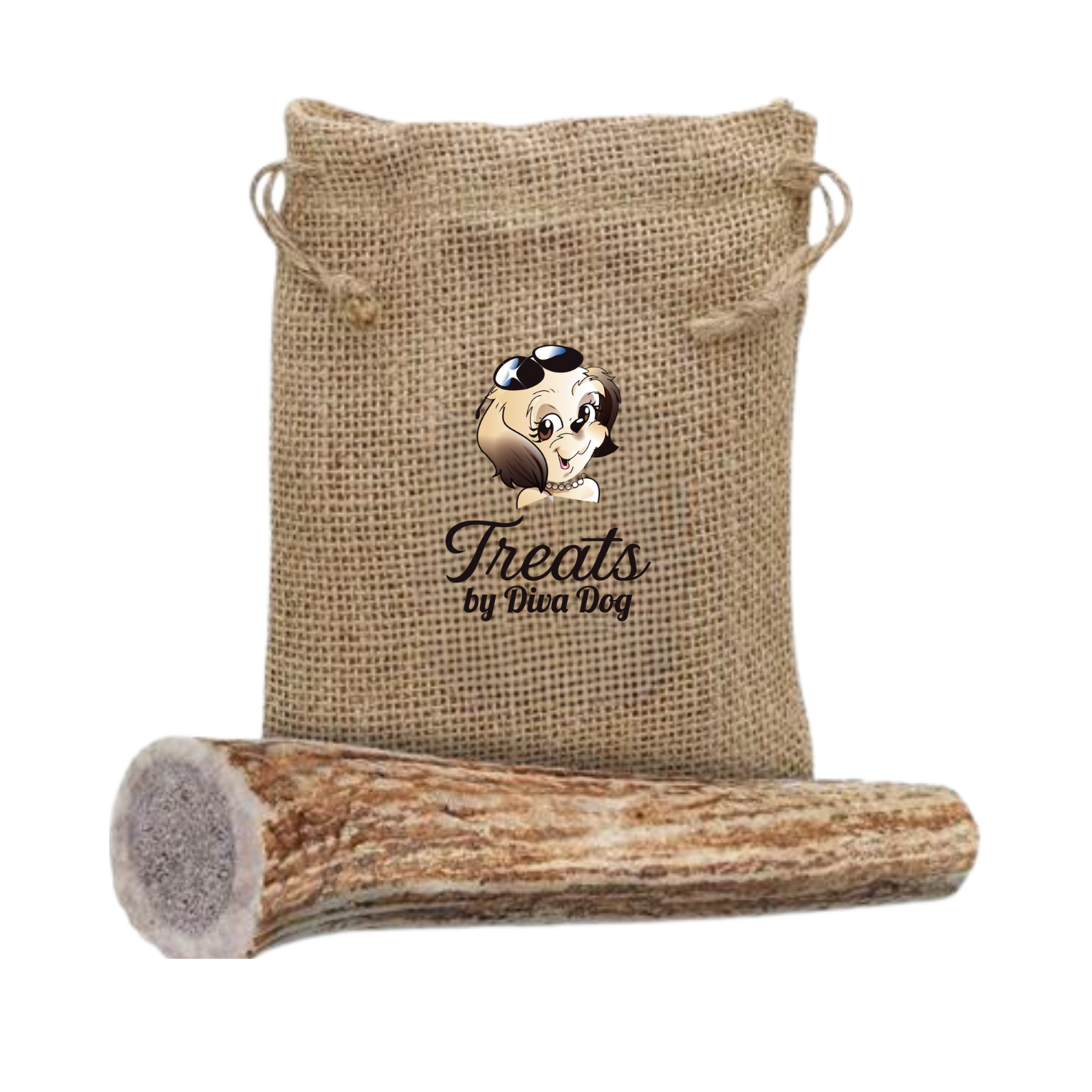 A burlap drawstring bag featuring a cartoon dog in sunglasses and the text “Treats by Diva Dog” is shown with a large 100% Natural Antler dog chew placed in front of it.