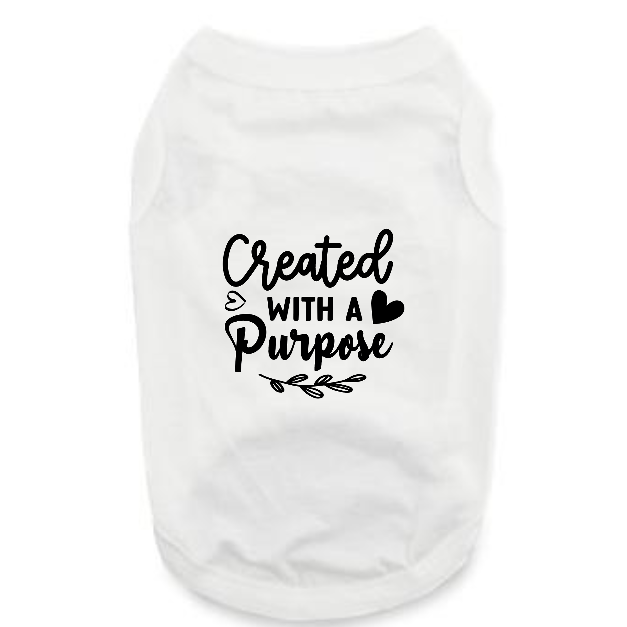 The Funny: Created with a Purpose onesie is a white 100% cotton infant bodysuit featuring "Created with a Purpose" in black script, accented with small heart and leaf designs.