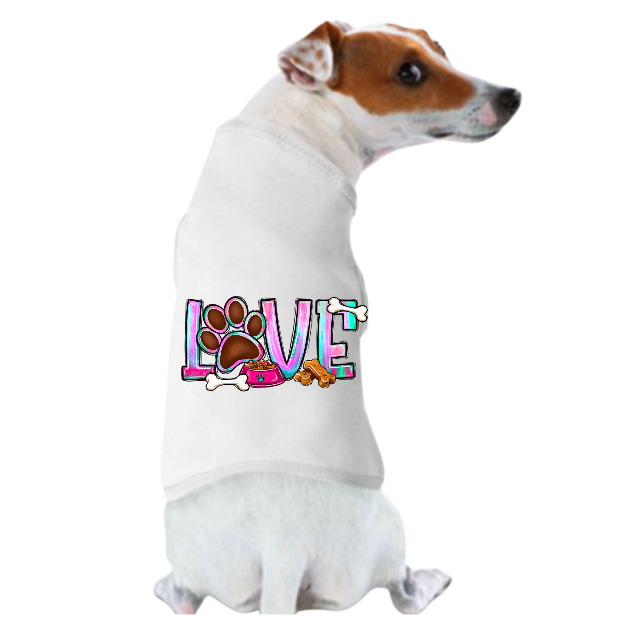 A small dog models the Valentine's Day Funny Shirt: Love, featuring colorful "LOVE" text with a paw print O, surrounded by bones and treats—one of the sweetest Valentine's Day shirts for dogs.